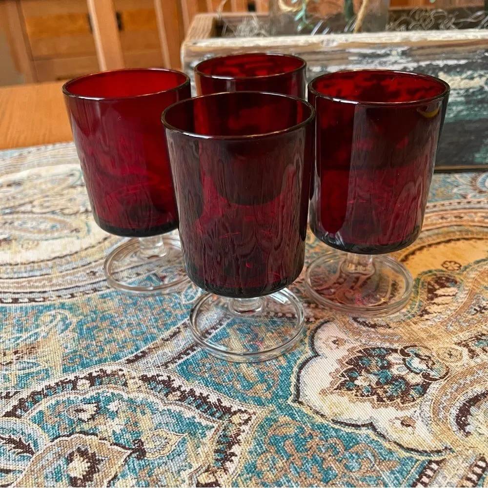 Ruby Red Glass Cordial Tumblers Set of 4 Clear Heavy Bases